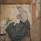 Kuva: Akseli Gallen-Kallela, Mary ompelee karjalaispuvussa, öljy, 1890.